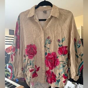 Floral Beige Blouse with Pink Accents